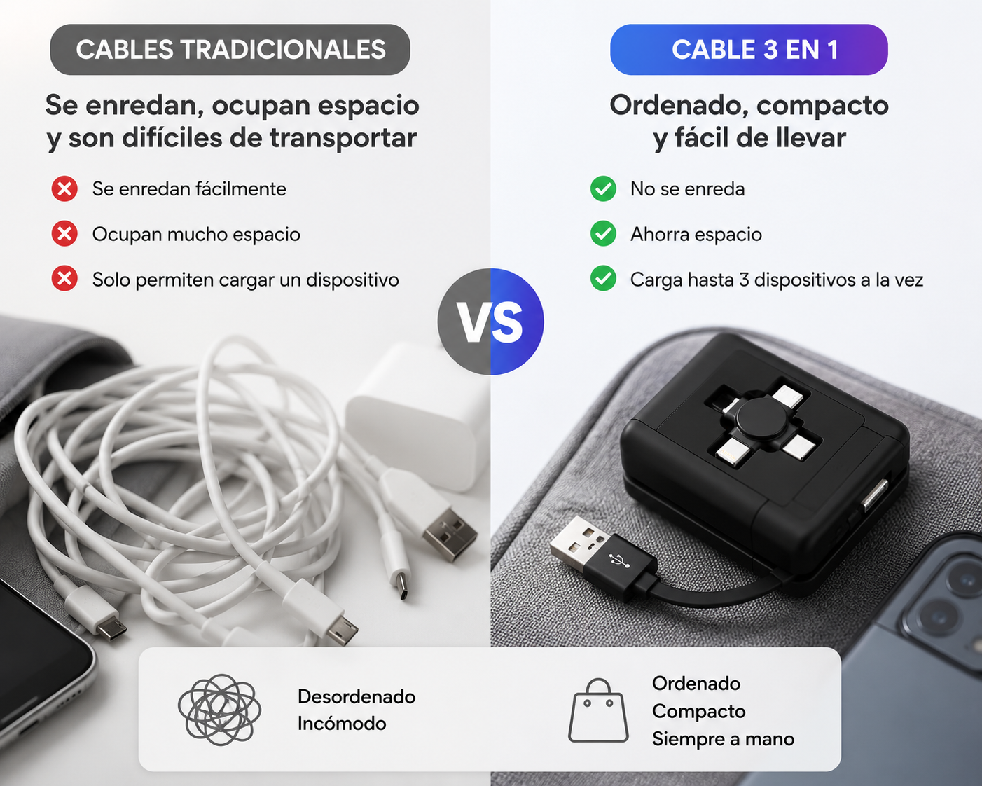 Cable de carga múltiple retractable 3 en 1